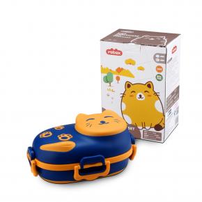 Y009 Little Cat Grid Lunch Box and Bowl With Cutlery